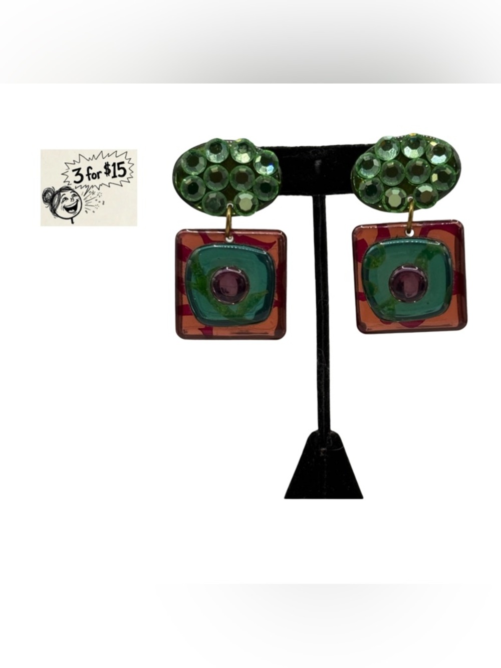 Green and Pink Rhinestone Geometric Drop Earrings - Women Jewelry